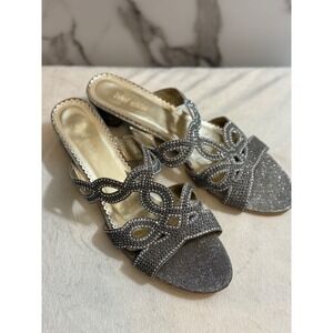 John Fashion Rhinestone Mules Women's 12 Silver Block Heel Dress Glam Party